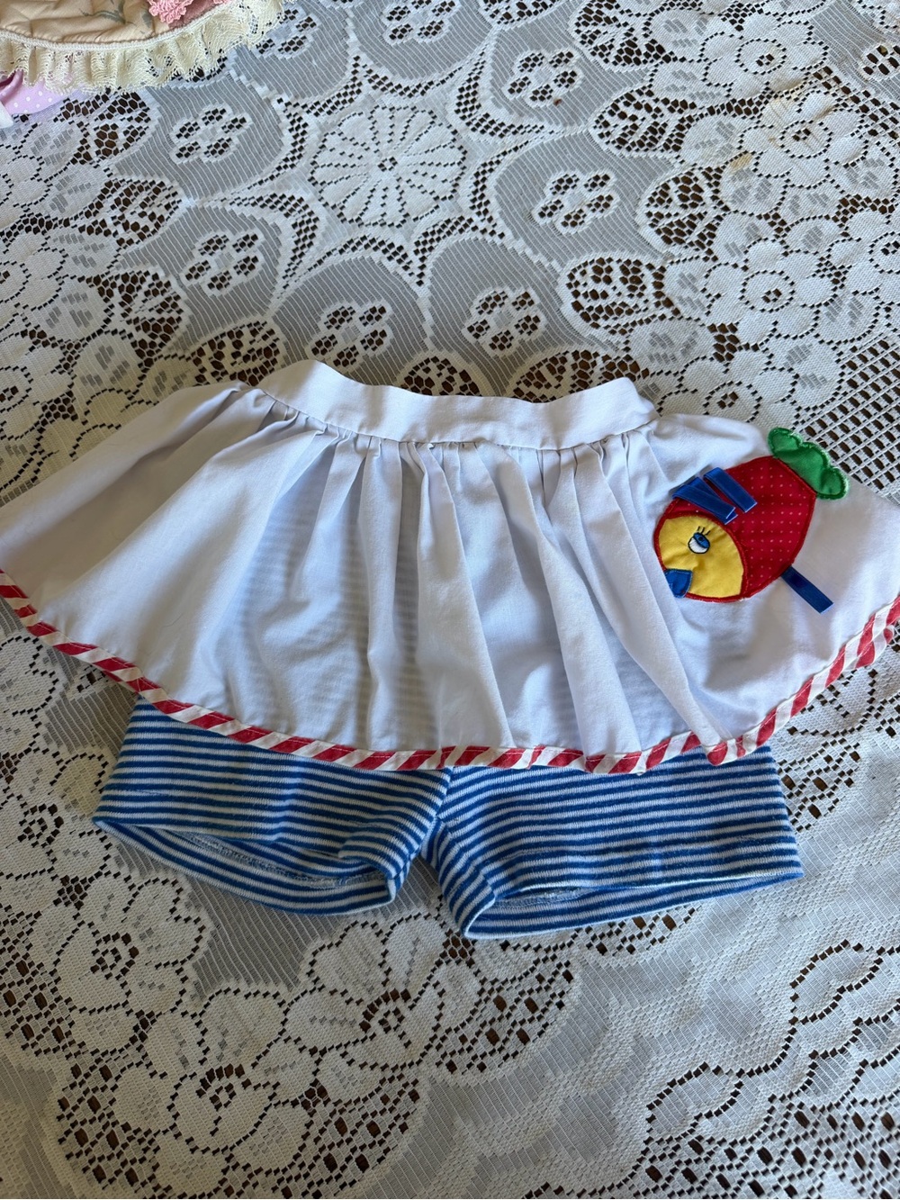 Vintage Kids White Skirted Shorts with Blue Stripes and Fish Applique